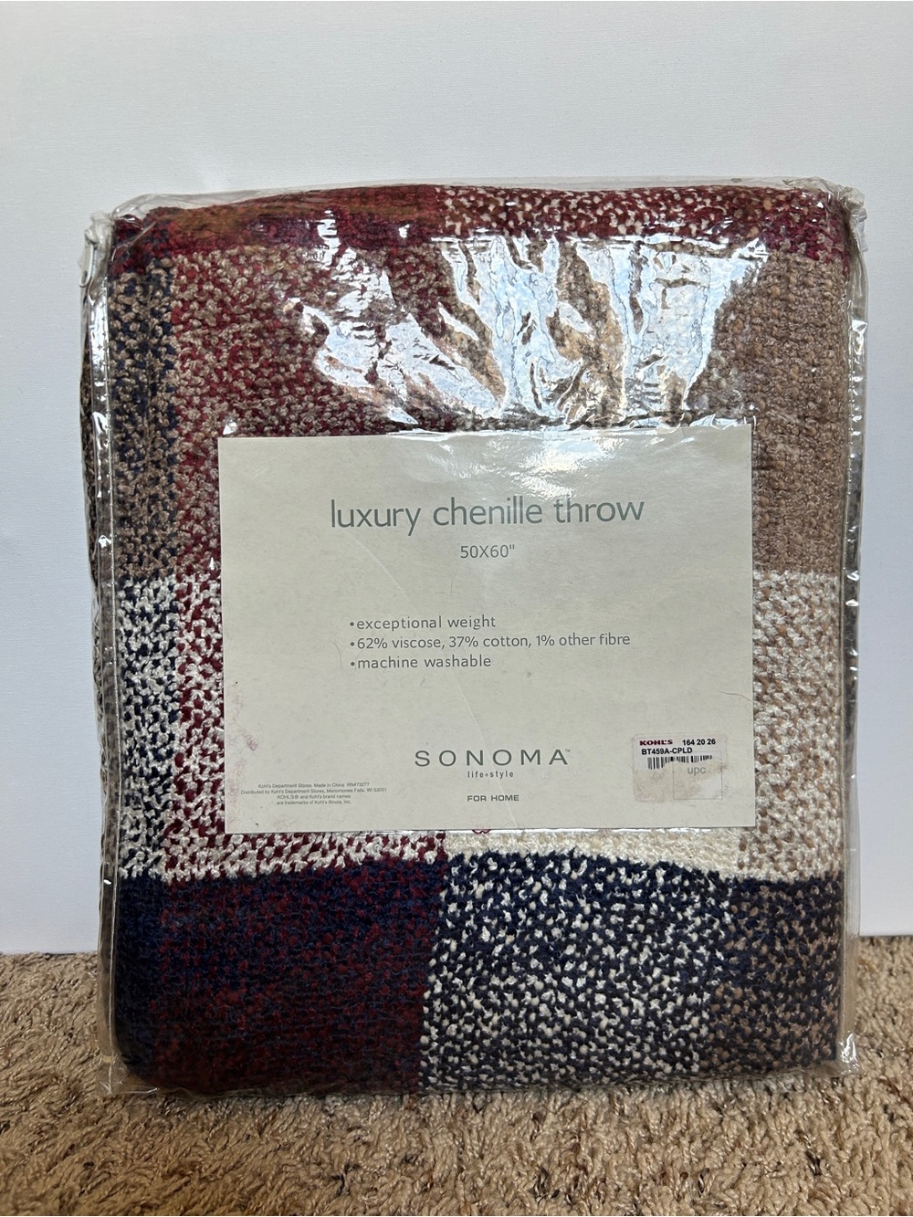 Sonoma Chenille Throw Blanket - Red, Navy, Cream, Tan, Brown Plaid